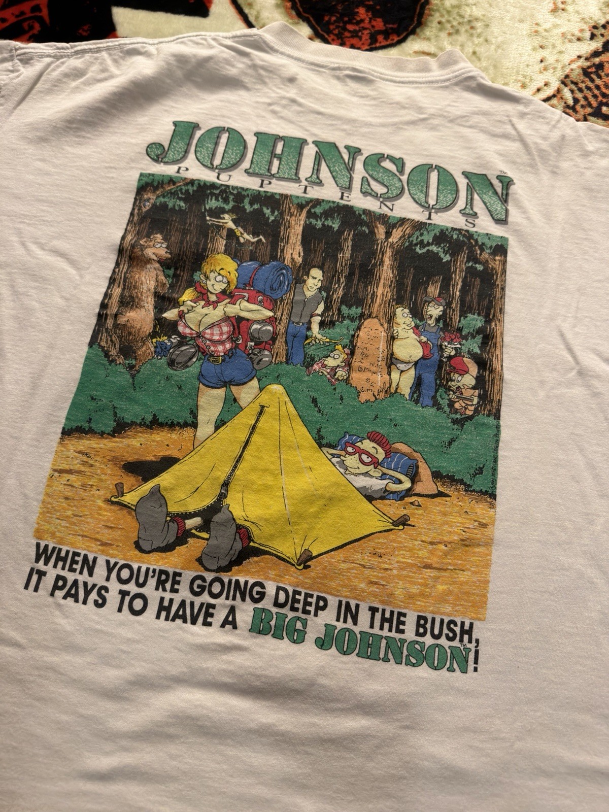Big Johnson Pup Tents Double-Sided Graphic White Men’s T-Shirt XL Cotton