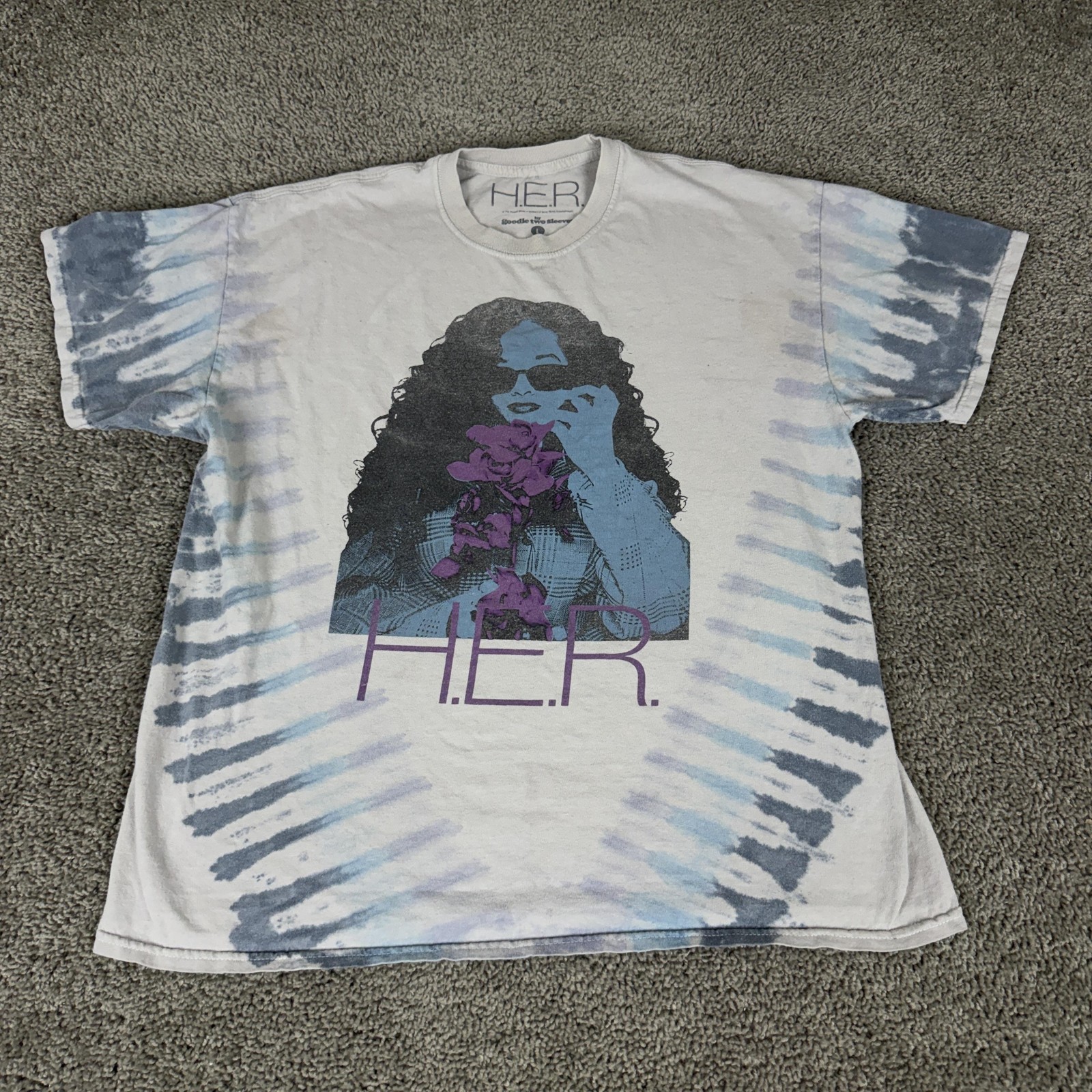 H.E.R. Shirt Mens Large White Tie Dye Portrait Graphic Tee Goodie Two Sleeves