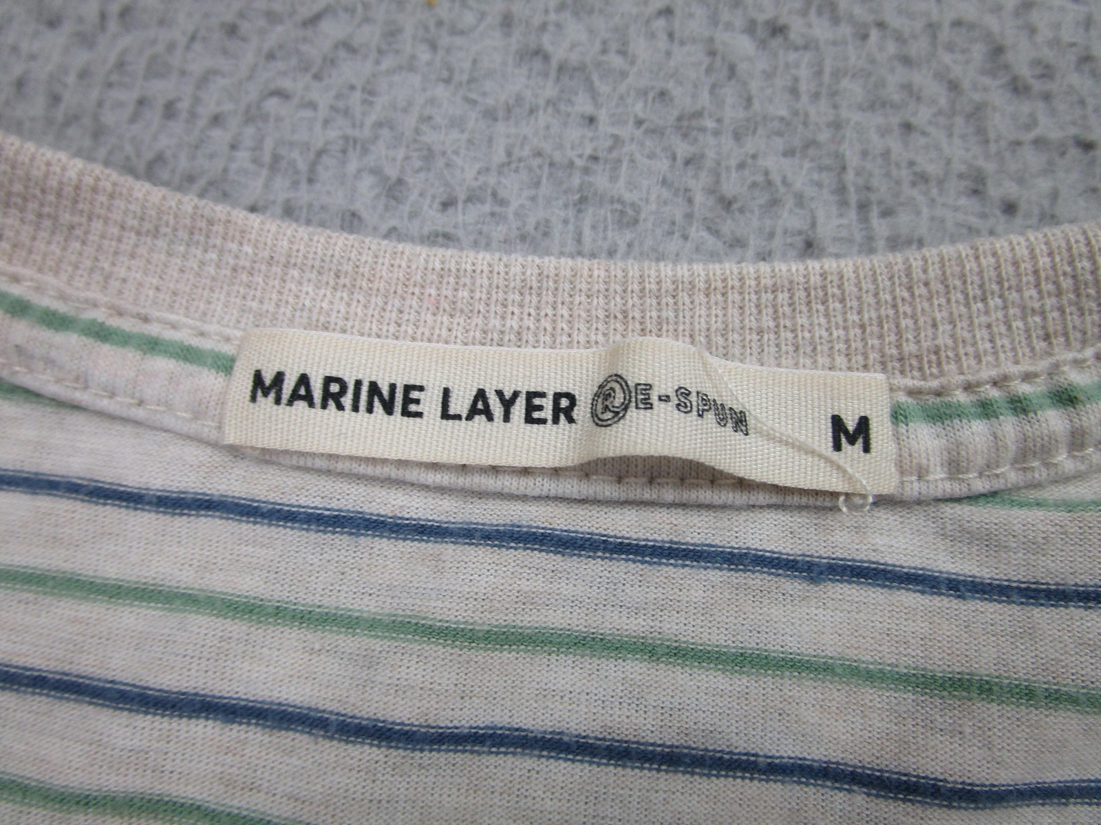 Marine Layer Shirt Mens Medium Gray Blue Green Striped Re-Spun Crewneck Soft gallery