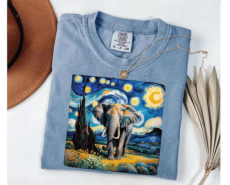 Starry Night Elephant Comfort Tee Van Gogh Inspired Art