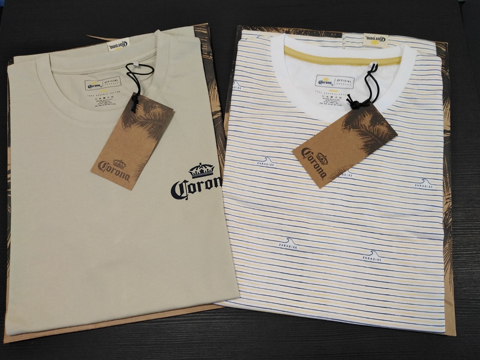 2 X CORONA BEER T-SHIRTS SIZE S. 1 X STRIPED PARADISE WAVE 1 X GOOD VIBES DESIGN