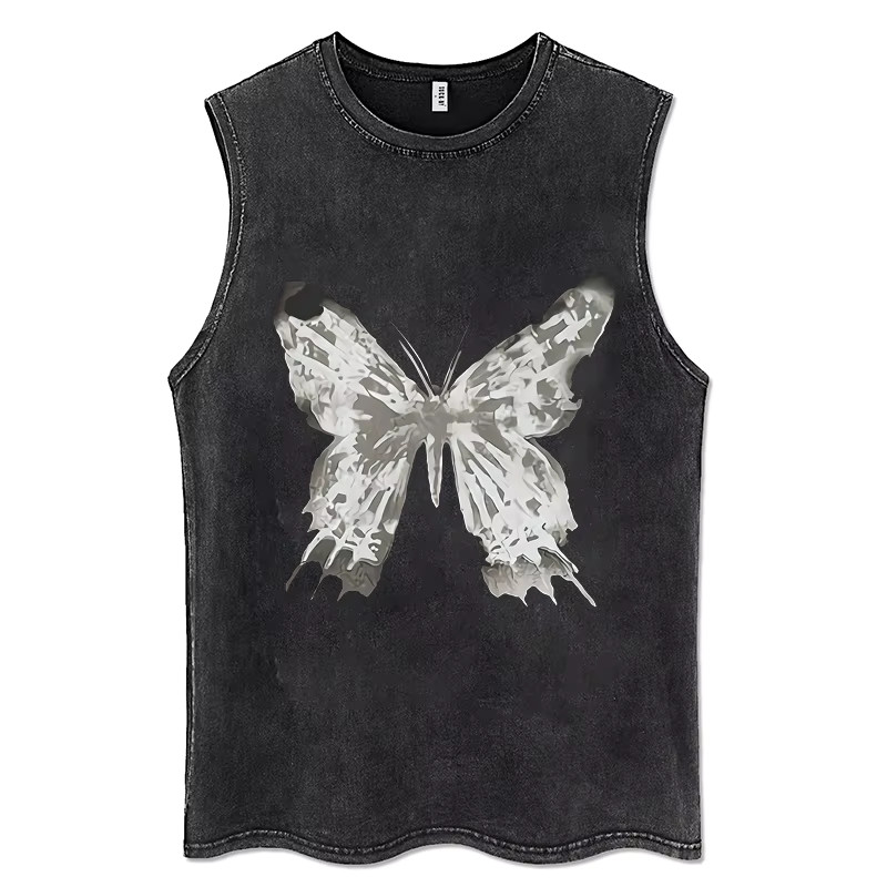 Gothic Angel Skeleton Butterfly Tank Top Washed Black Y2K Grunge Shirt [S-3XL]