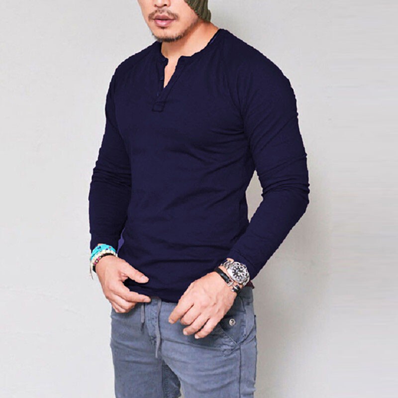 Men's Long Sleeve Cotton T-Shirt Solid Slim Fit Button Up Tops Blouse Tee Casual gallery