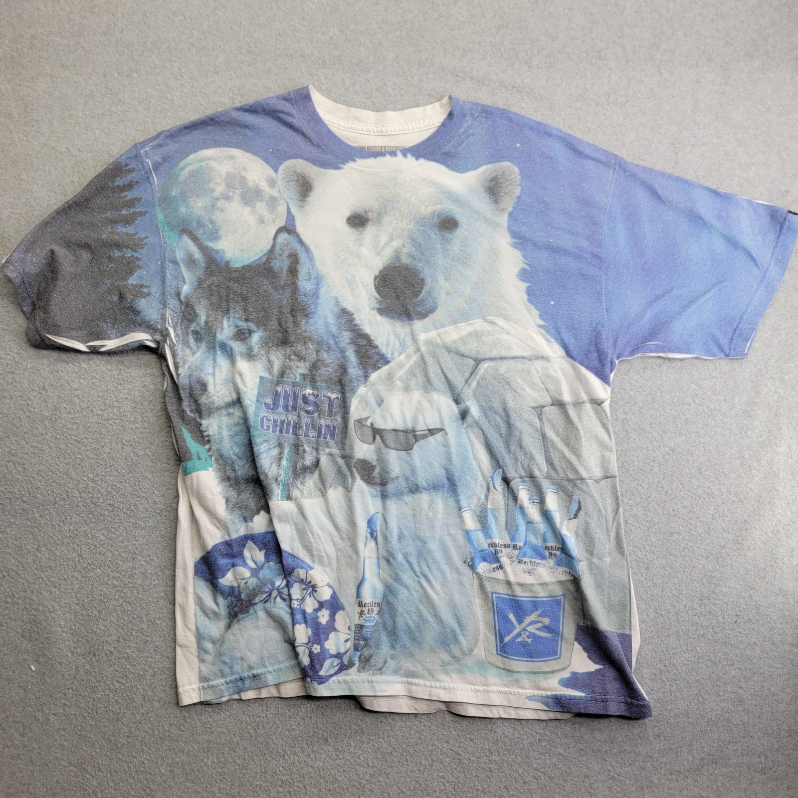 Young & Reckless Shirt Mens XL Blue Just Chillin Polar Bear Wolf Graphic Funny gallery