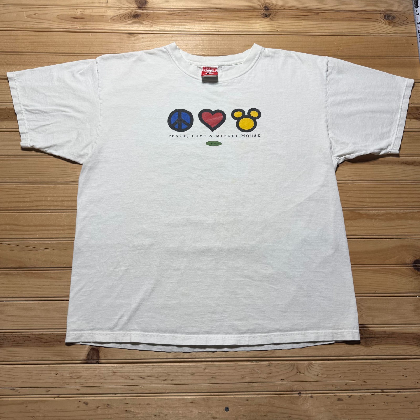 Vintage 90s Disney Peace Love & Mickey Mouse 1928 Graphic Cartoon T-Shirt USA XL gallery