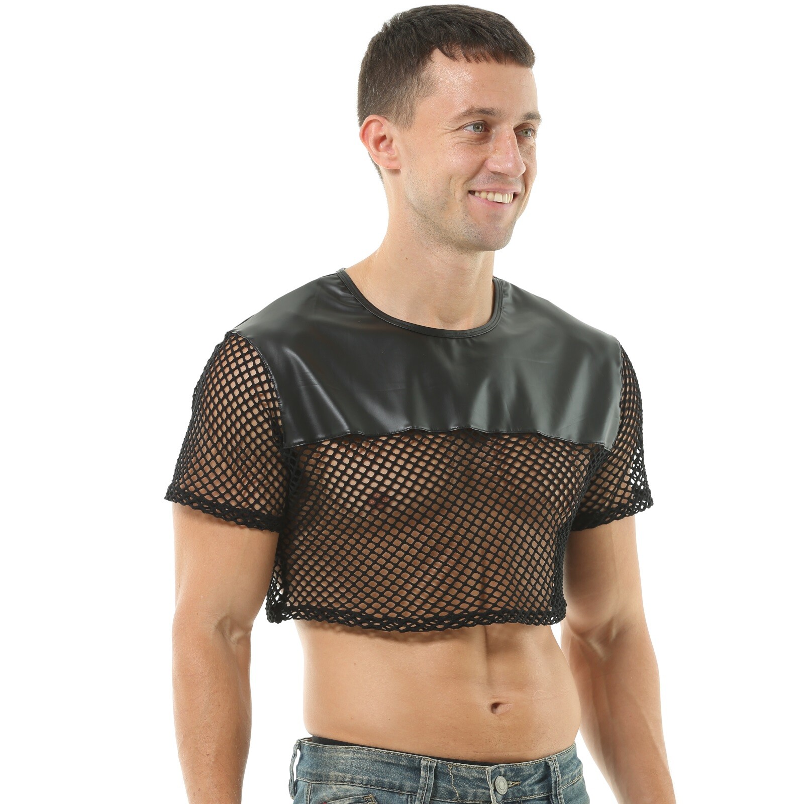 Men Sexy T-shirt Imitation Leather Net Hollow Out Short Sleeve Tops Clubwear