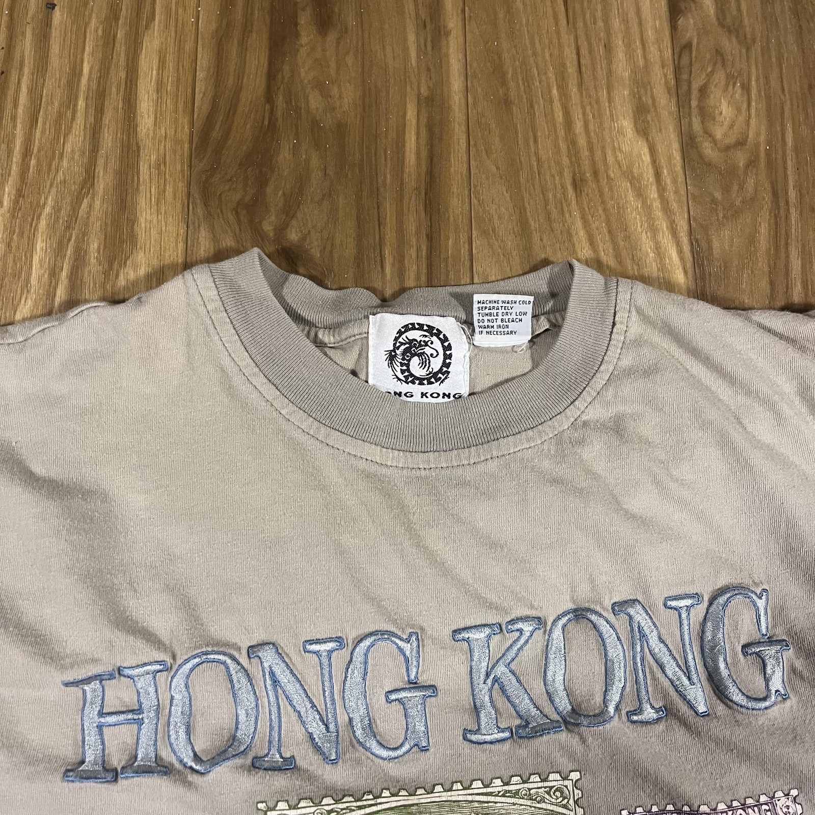 Vintage Hong Kong Shirt Mens XL Beige Embroidered Stamp Graphic Tourist Tee 90s gallery