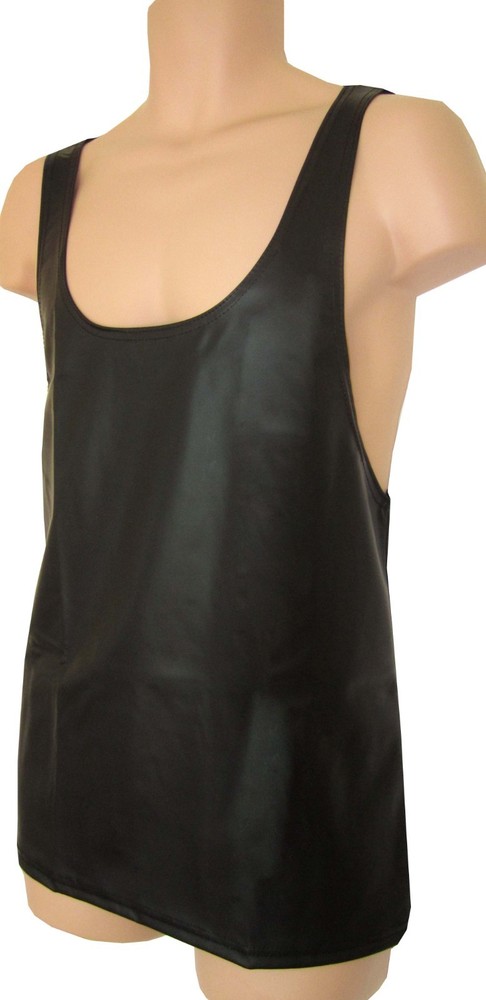 MENS BLACK ‘RUBBERISED LOOK ‘ DROP ARM TANK TOP (SEE SEPARATE MEGGINGS LISTING)