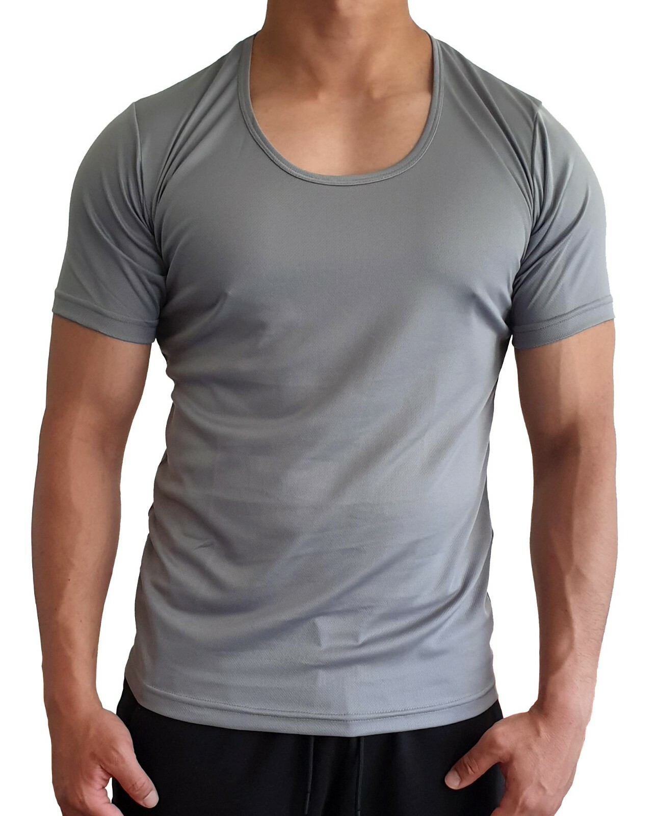 MENS SCOOP NECK T SHIRT QUICK DRY POLYESTER SLIM FIT S - XXL EURO CASUAL MUSCLE gallery