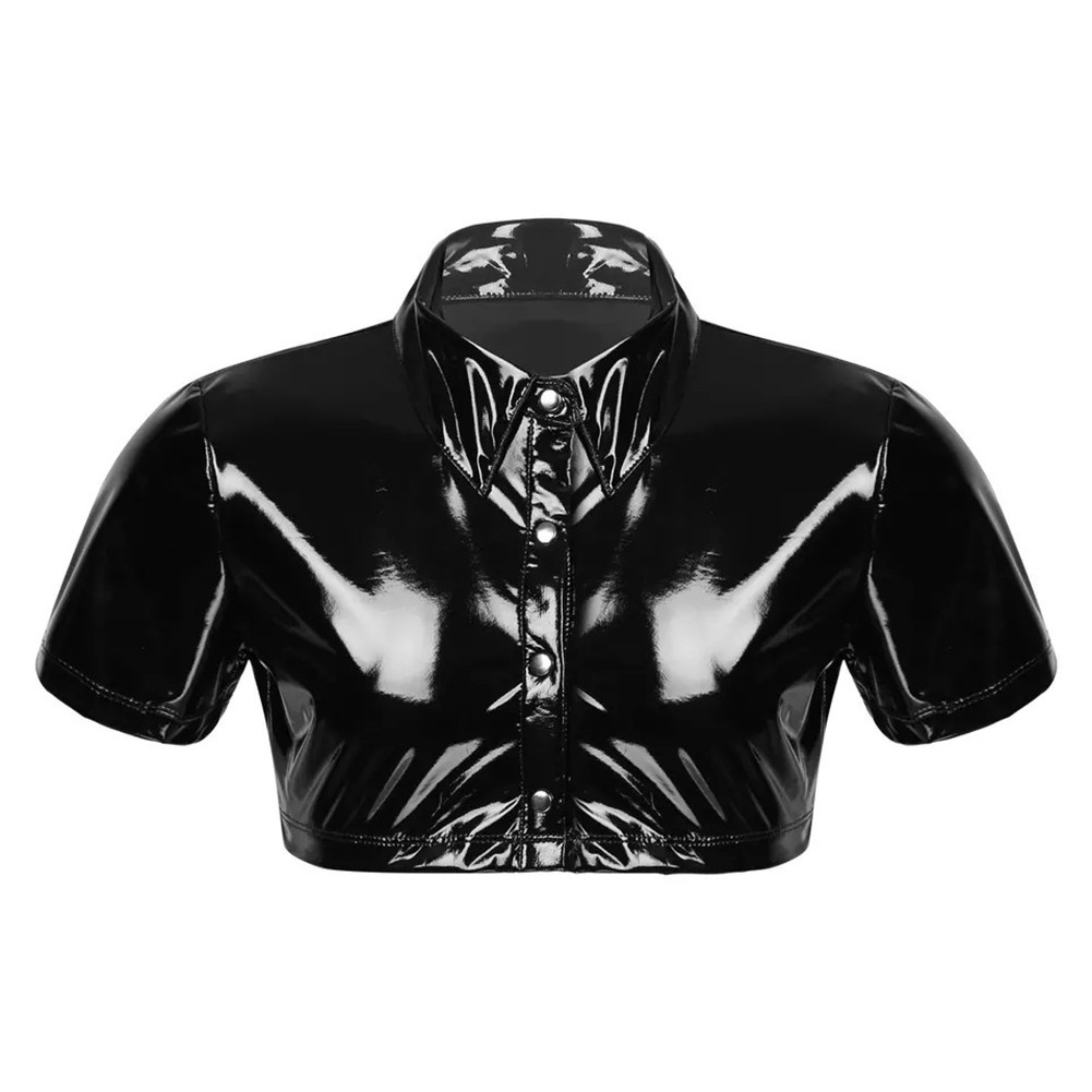 Crop Tops Blouse Mens PU Patent Leather Shiny Shirt Short Sleeve Slim Soft gallery