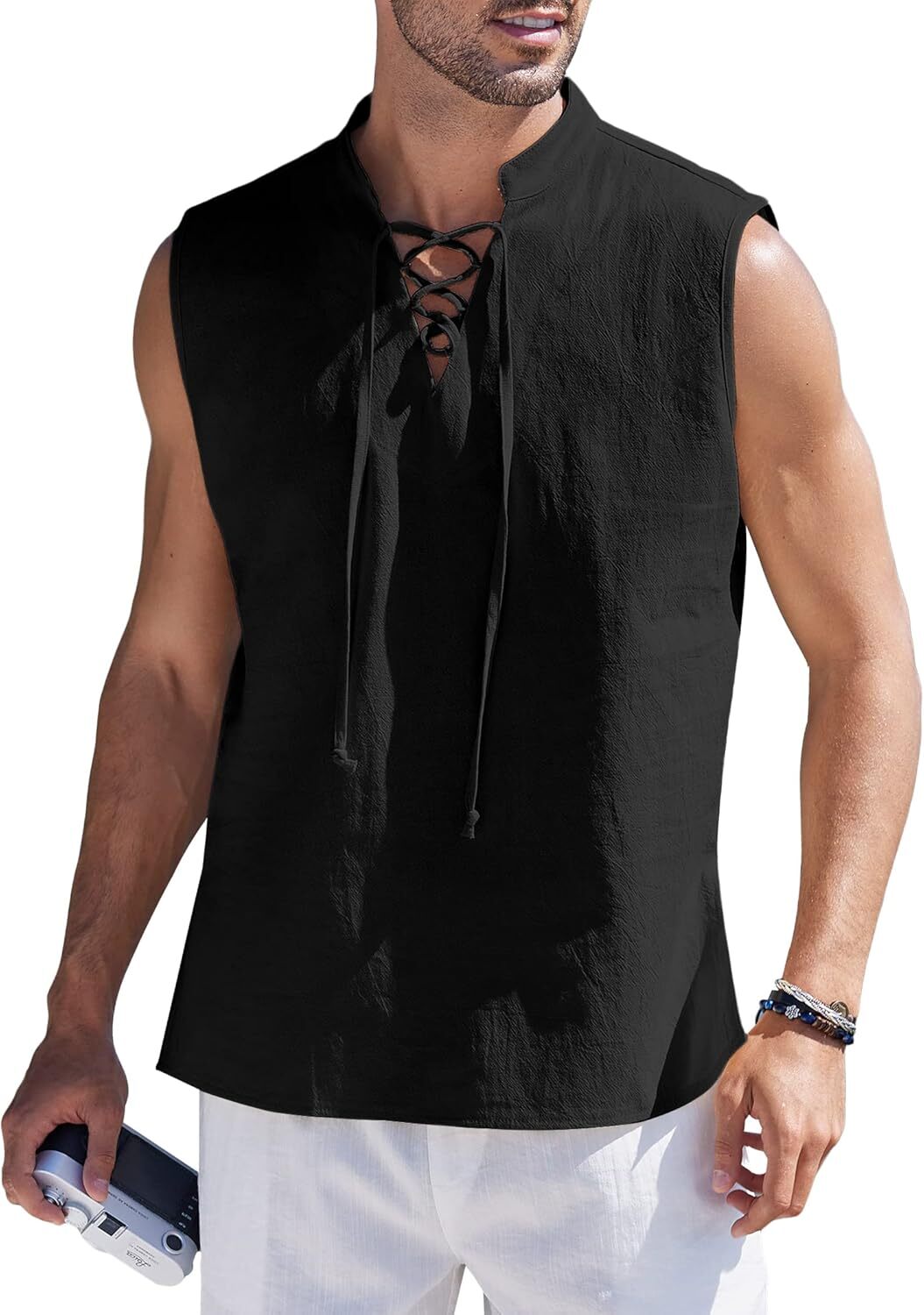 Men Cotton Linen Tank Top Sleeveless Lace Up Shirt Bohemian Beach Casual Tunic