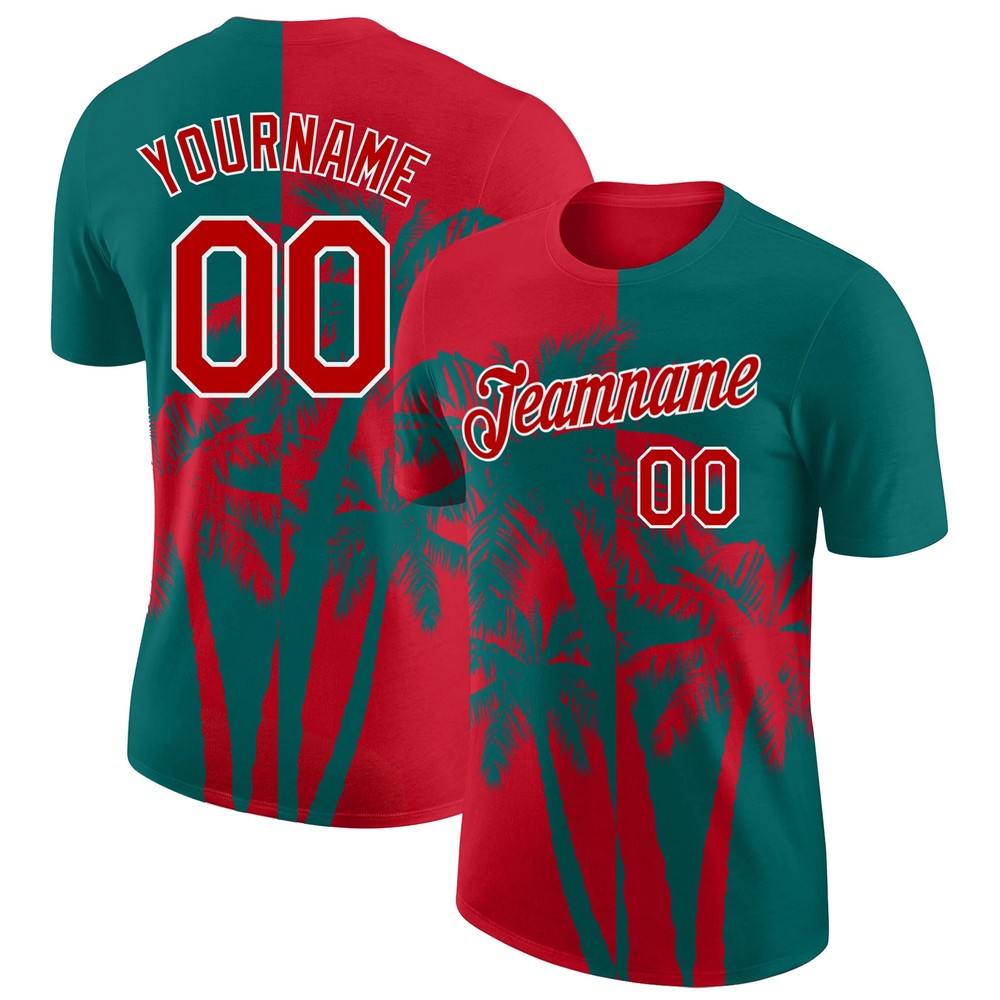 Custom Teal Red White Hawaii Palm Tree T-Shirt Tropical Summer Beach Gift Tee