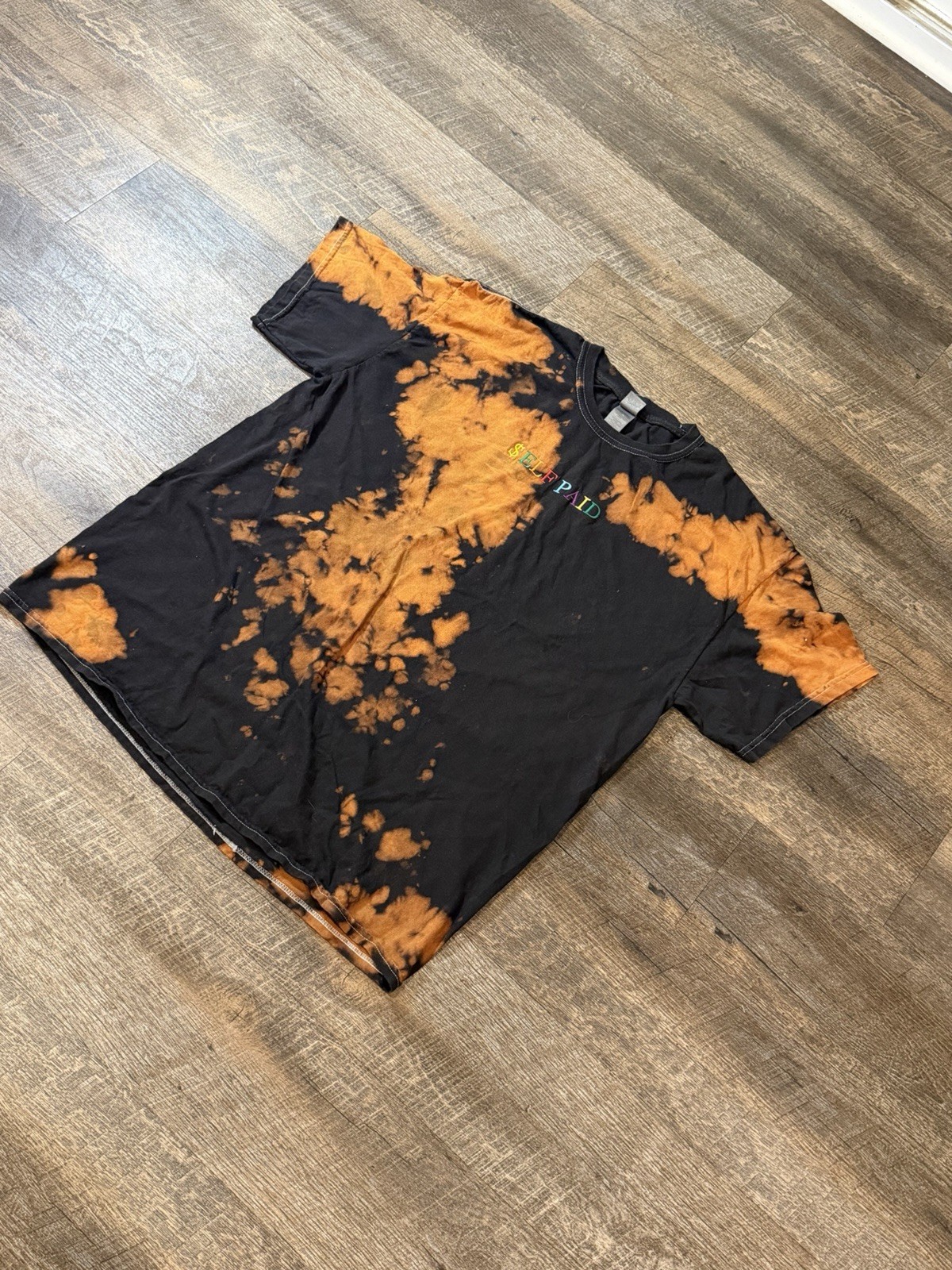 Self Paid Bleach Dye T Shirt Mens XL Black Orange Streetwear Graphic Tee gallery