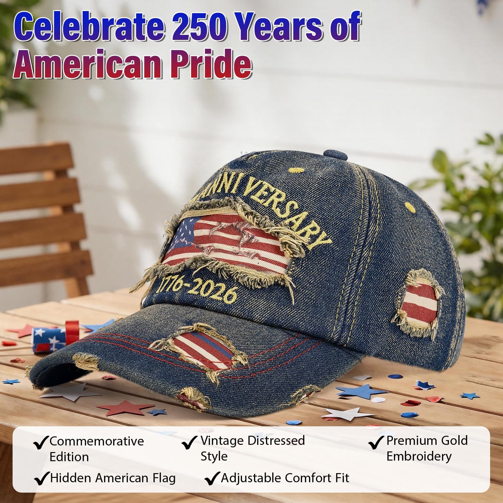 250 Anniversary USA Hat 17762026, Distressed Denim Embroidered Flag Patriotic... gallery