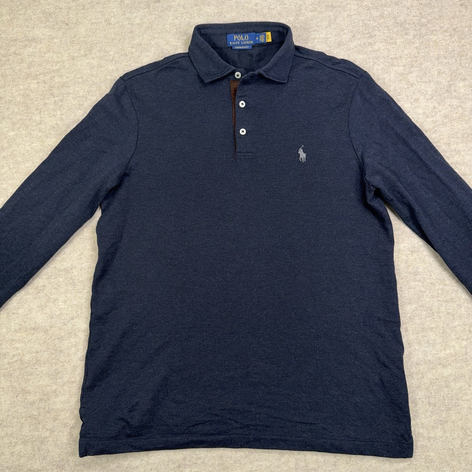 Polo Ralph Lauren Custom Slim Fit Herringbone Polo Long Sleeve Shirt Navy Medium gallery