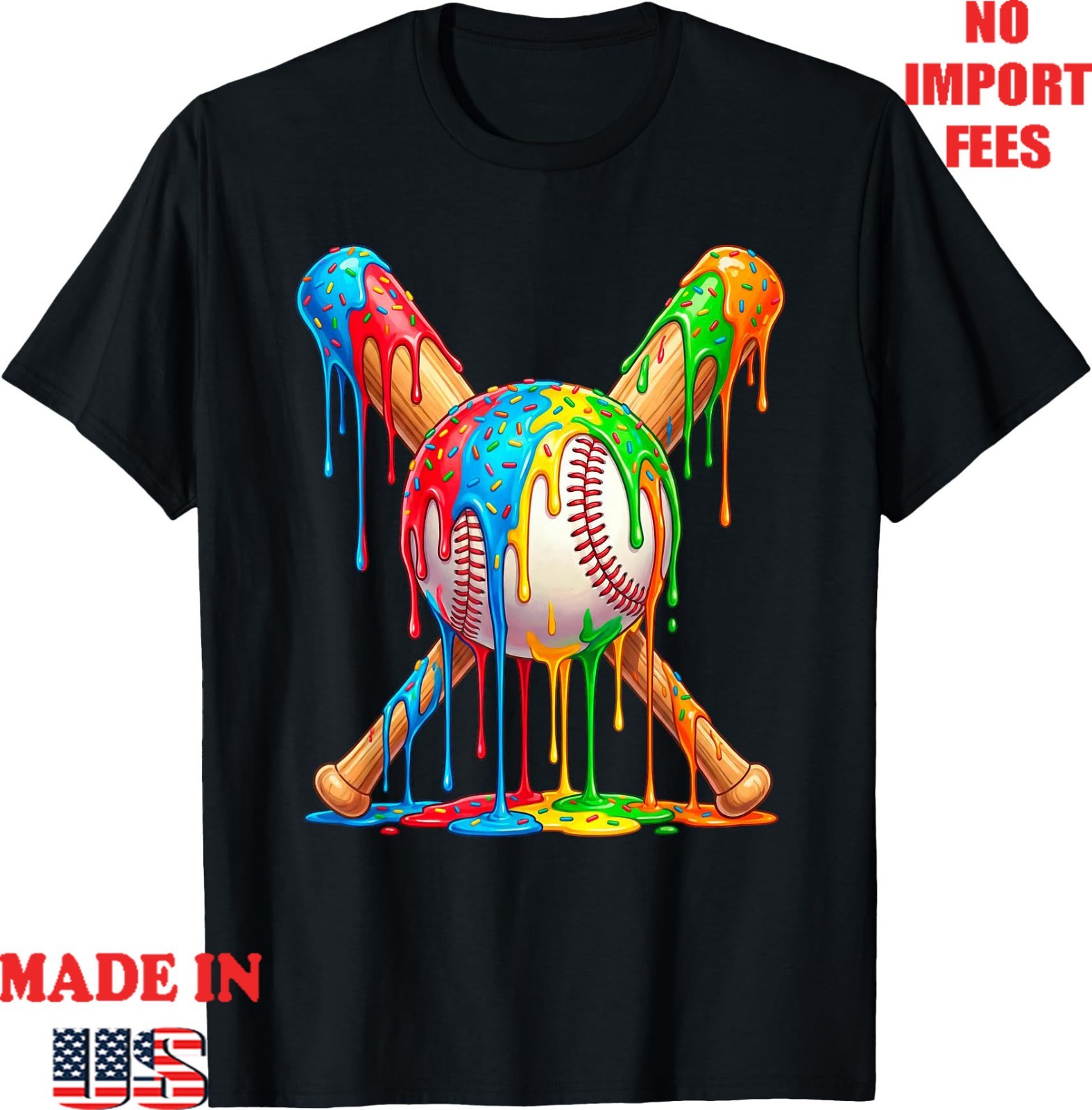 Baseball Drip Ice Cream Rainbow Crossed Bat Melt Design Kid Adult T-Shirt gallery