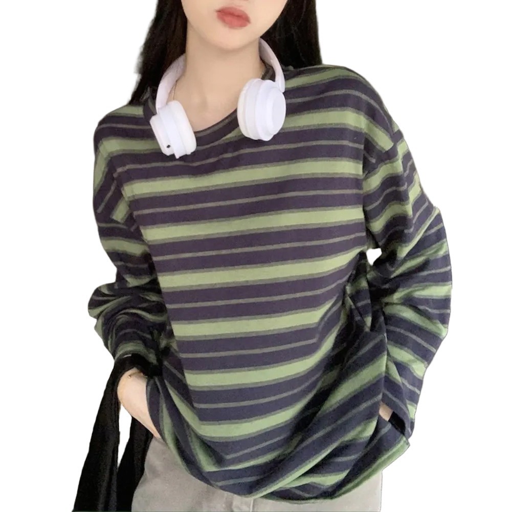 Korean Fashion Women's Loose Striped Blouse Long Sleeve Crew Neck Streetwear gallery