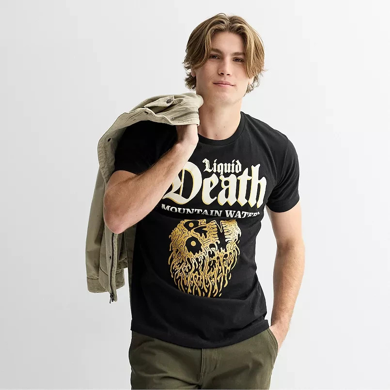 Liquid Death Mens Gold Skull Mountain Water Black Shirt New S-2XL gallery