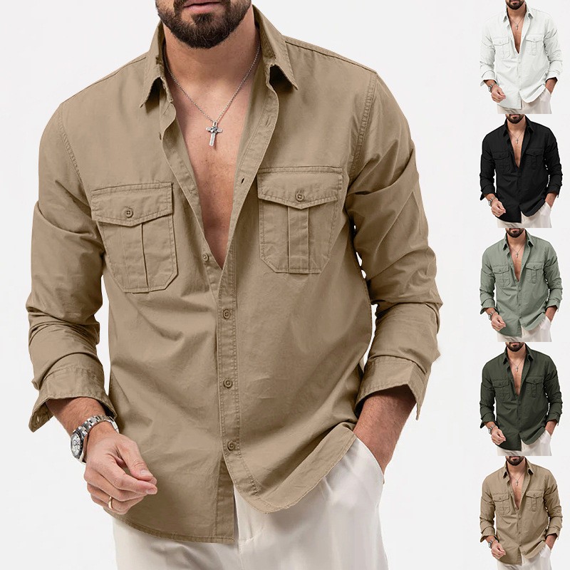 Men's Cargo Shirt Casual Slim Shirts Long Sleeve Button Down Tops Blouse gallery