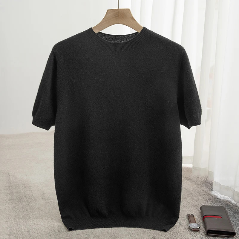 Spring Summer Men's Short Sleeved Pure Wool T-Shirt Sweater O-neck Solid Color L gallery