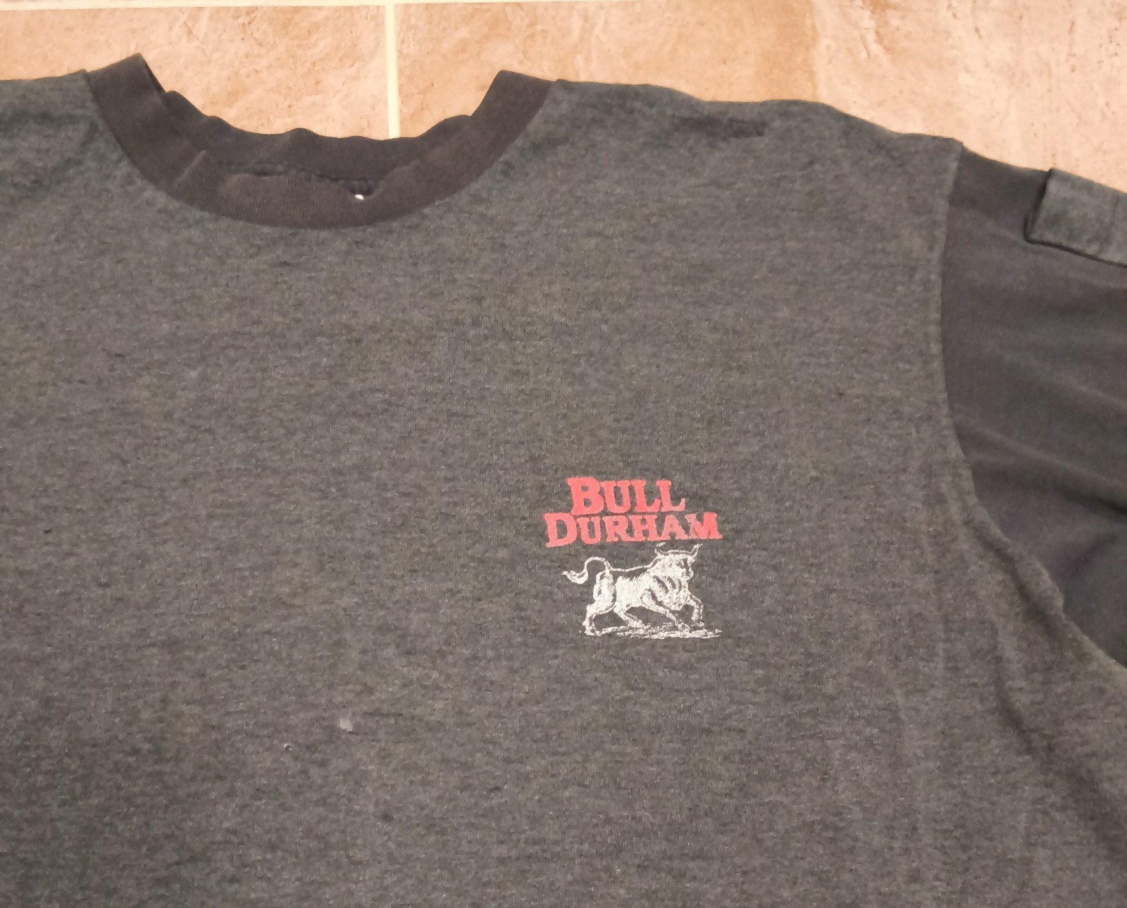 Vintage 80s 90s Bull Durham Tobacco Ringer Shirt Shoulder Gray Black Sz L gallery