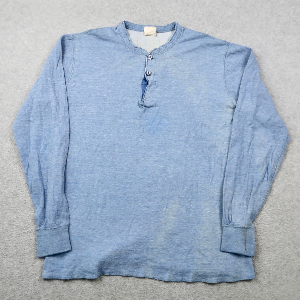 Vintage 80s LL Bean River Drivers Shirt Mens M Blue Henley Long Sleeve Made USA