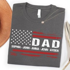 Personalized Dad Shirt Custom Kids Name Patriotic USA Flag 4th of July Gift Tee