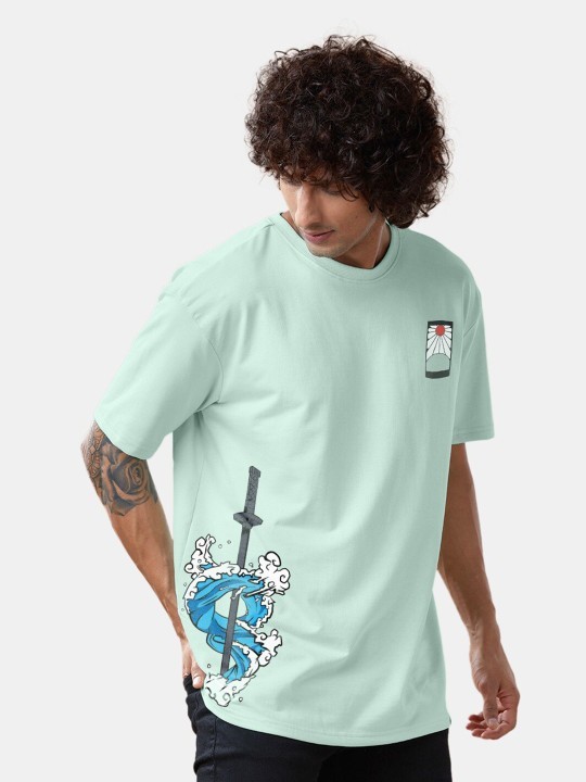 Tanjiro Kamado Anime Printed Drop-Shoulder Sleeves Cotton Oversized T-shirt gallery