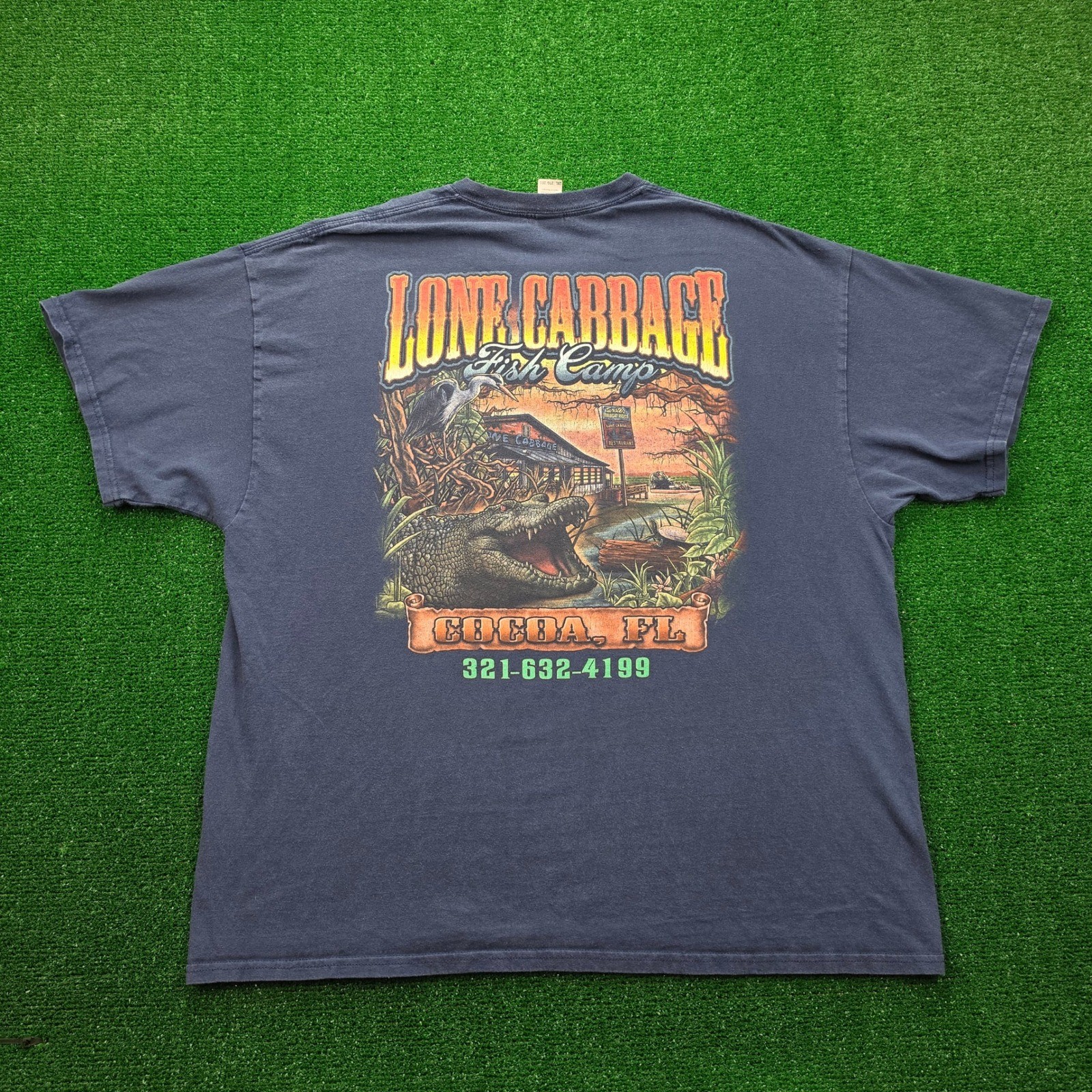 Lone Cabbage Fish Camp Tshirt Mens 2XL Blue Alligator Graphic Tee Cocoa Florida