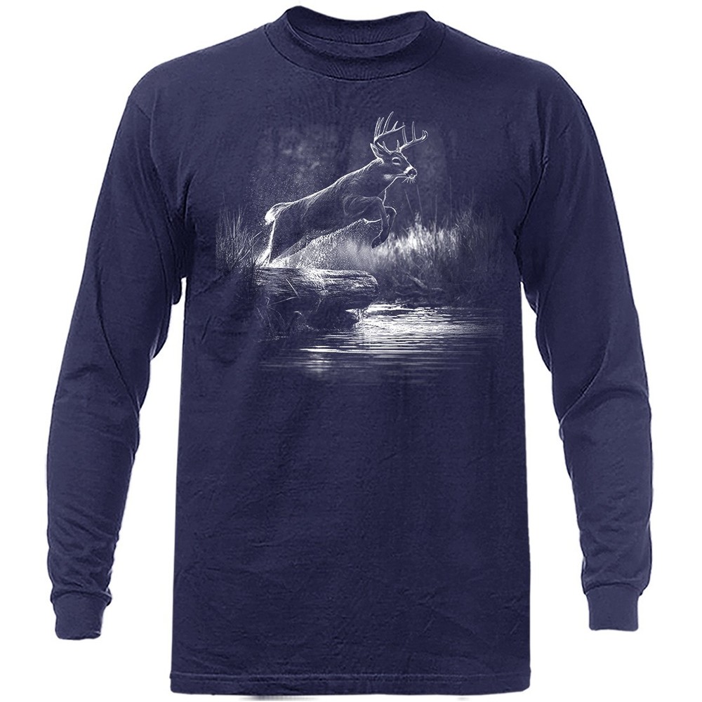 Buck Jumping Over Log Whitetail Deer Hunting Wildlife Wilderness Long Sleeve