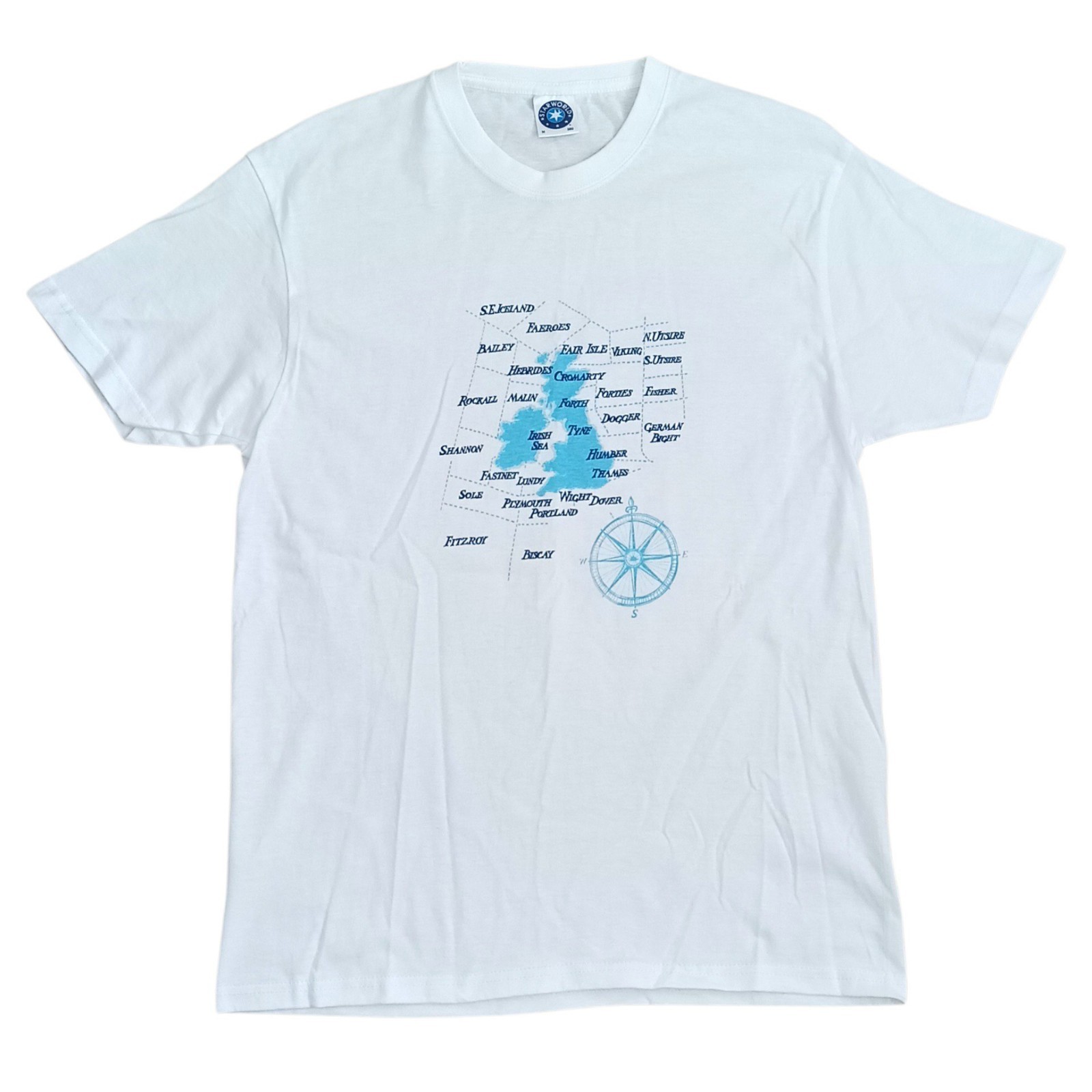 Vintage UK Shipping Forecast Sea Map T-Shirt White Medium Starworld Y2K Compass