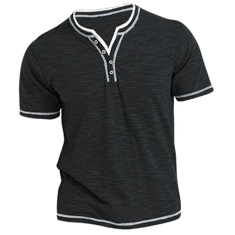 New Cotton Small V-neck Short Sleeve T-shirts Men’s Casual Henley Collar Shirt C