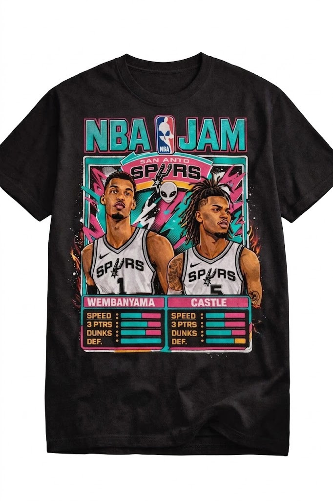 NBA Jam Spurs Wembanyama Castle Retro Game Style Basketball T shirt gallery