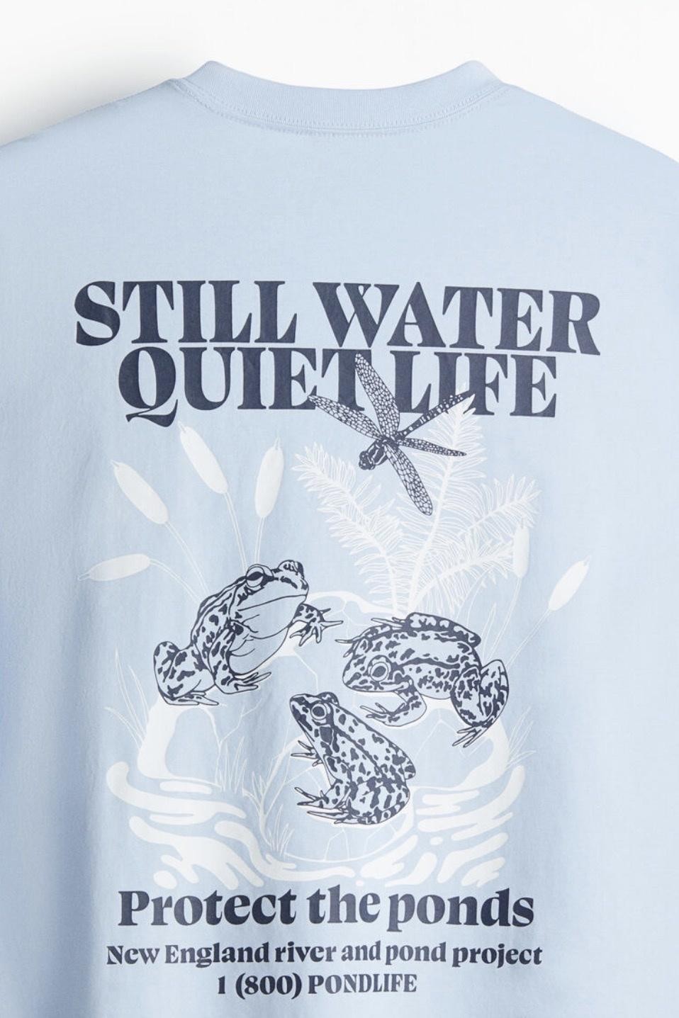 H&M Still Water Quiet Life Shirt Mens Medium Blue Frog Pond Graphic Back Tee NEW