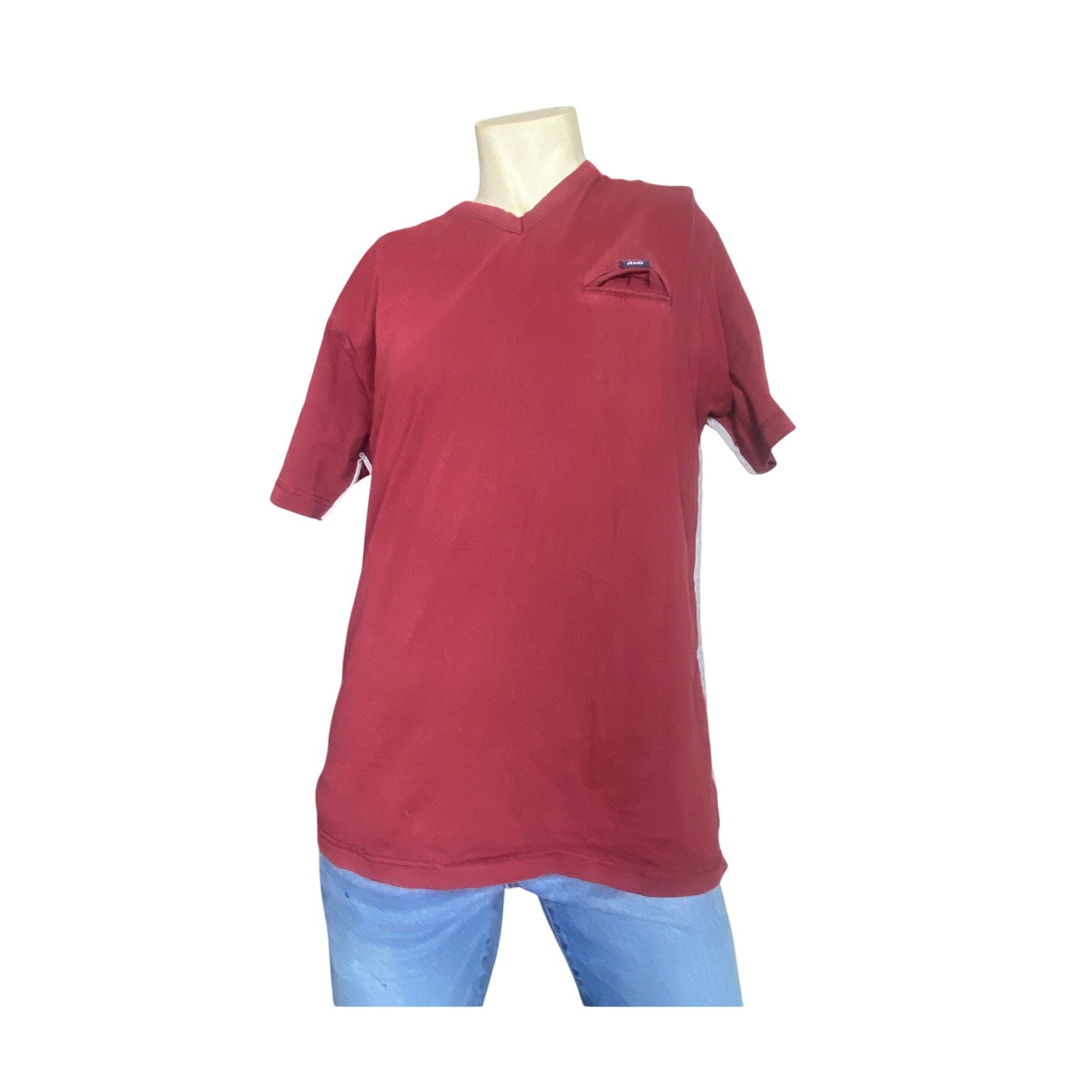 Vintage Tommy Jeans Mens Large Red V Neck Pocket T Shirt Flag Logo 90s gallery