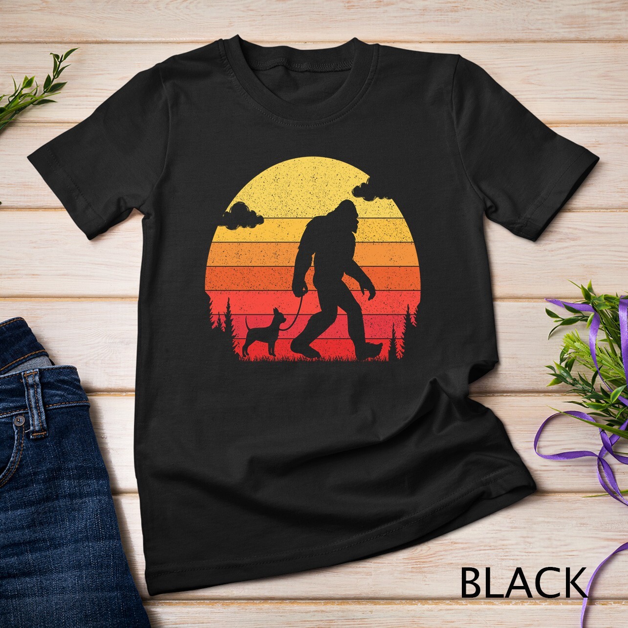 Retro Bigfoot Silhouette Walking Chihuahua Dog Unisex T-shirt gallery