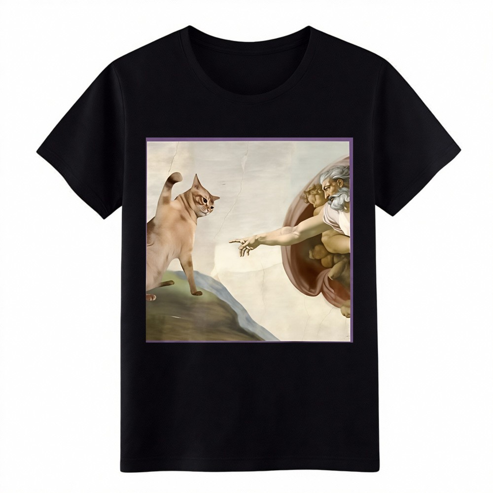 Creation of Adam Cat Parody Michelangelo Graphic T-Shirt, Funny Art Tee