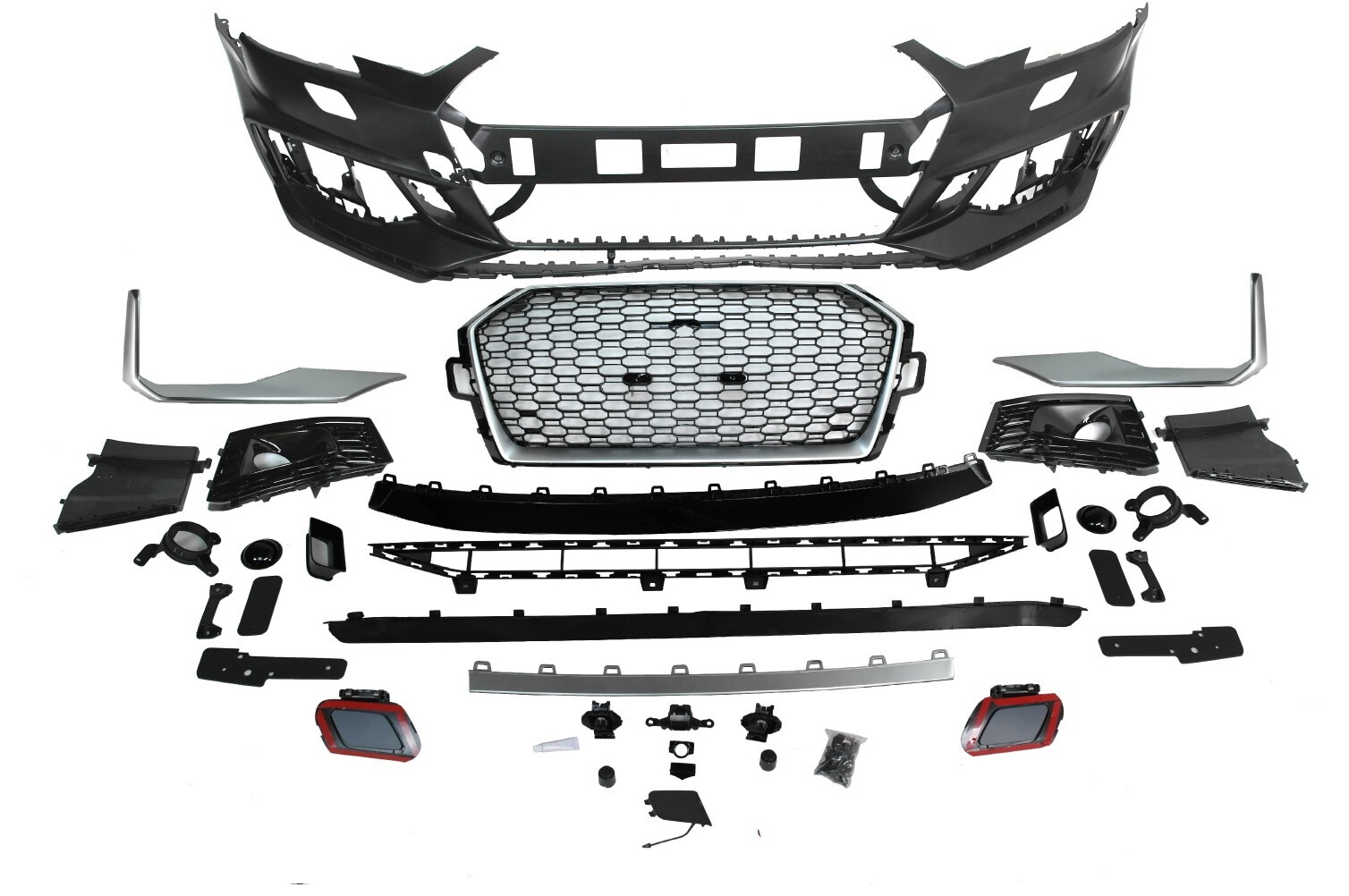 For 17-19 Audi B9 A4, RS4 Style Front Bumper with Chrome Front Grille w/O PDC