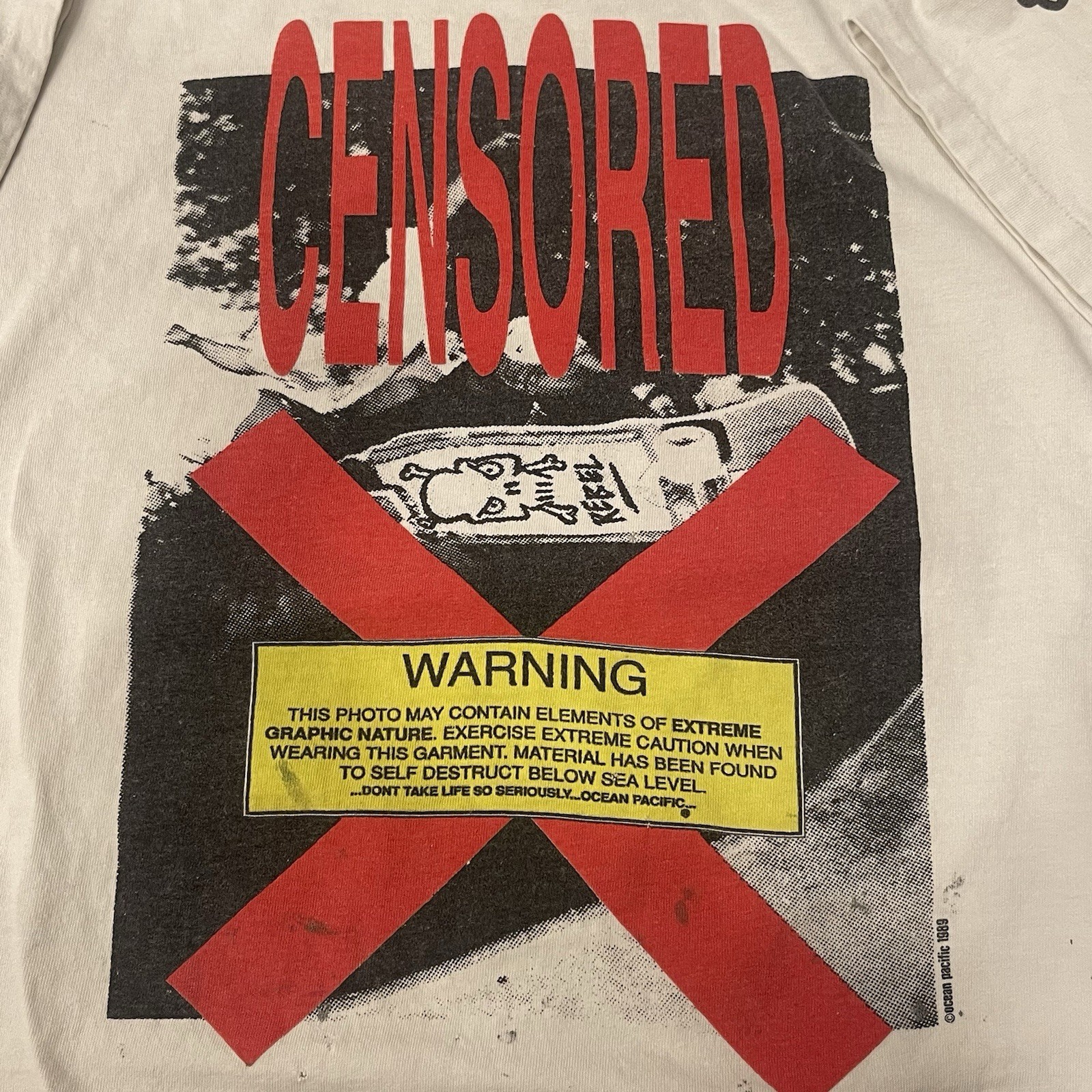 Vtg 80s OP Ocean Pacific Skull Rebel Skater Censored Double Sided 1989 Graphic L gallery