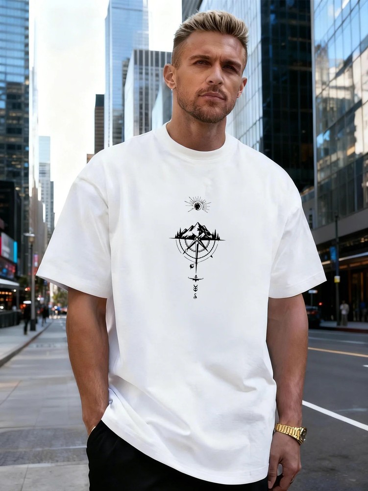 Mountain Compass Graphic Cotton Men’s T-Shirt, Suitable for Daily Casual Wear