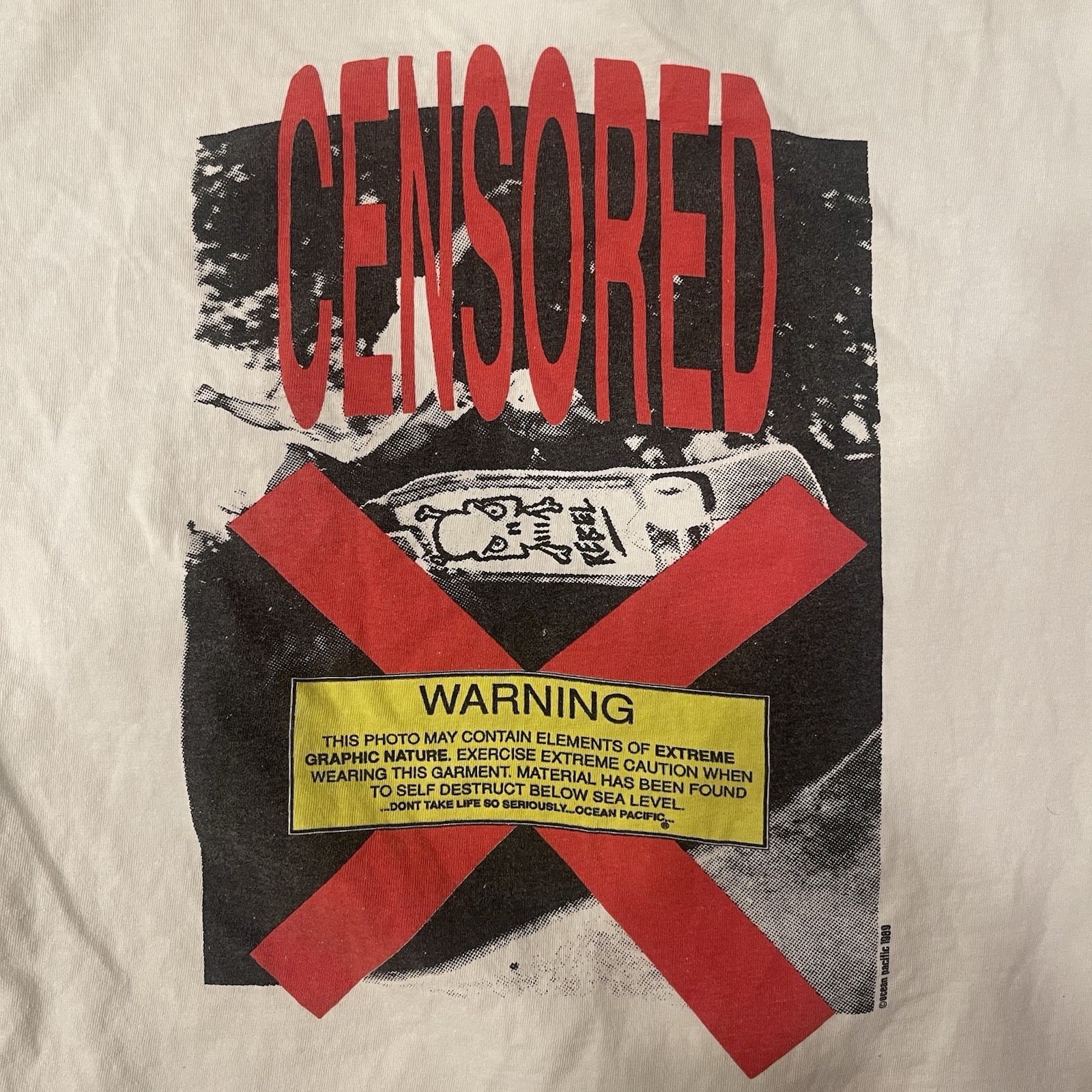 Vtg 80s OP Ocean Pacific Skull Rebel Skater Censored Double Sided 1989 Graphic L gallery