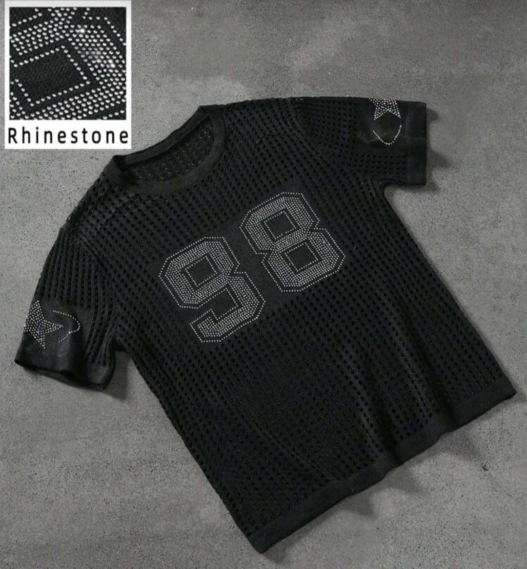 New Men Luxury Diamond Rhinestones Fashion Black Knitted T-Shirt High Quality gallery