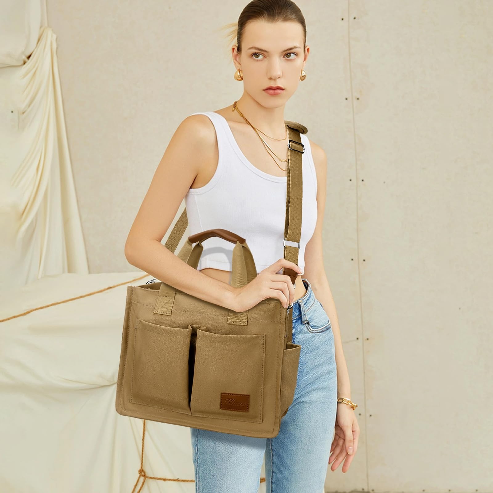 KKXIU Large Canvas Tote Bag for Women with Zipper and Compartments Crossbody ... gallery