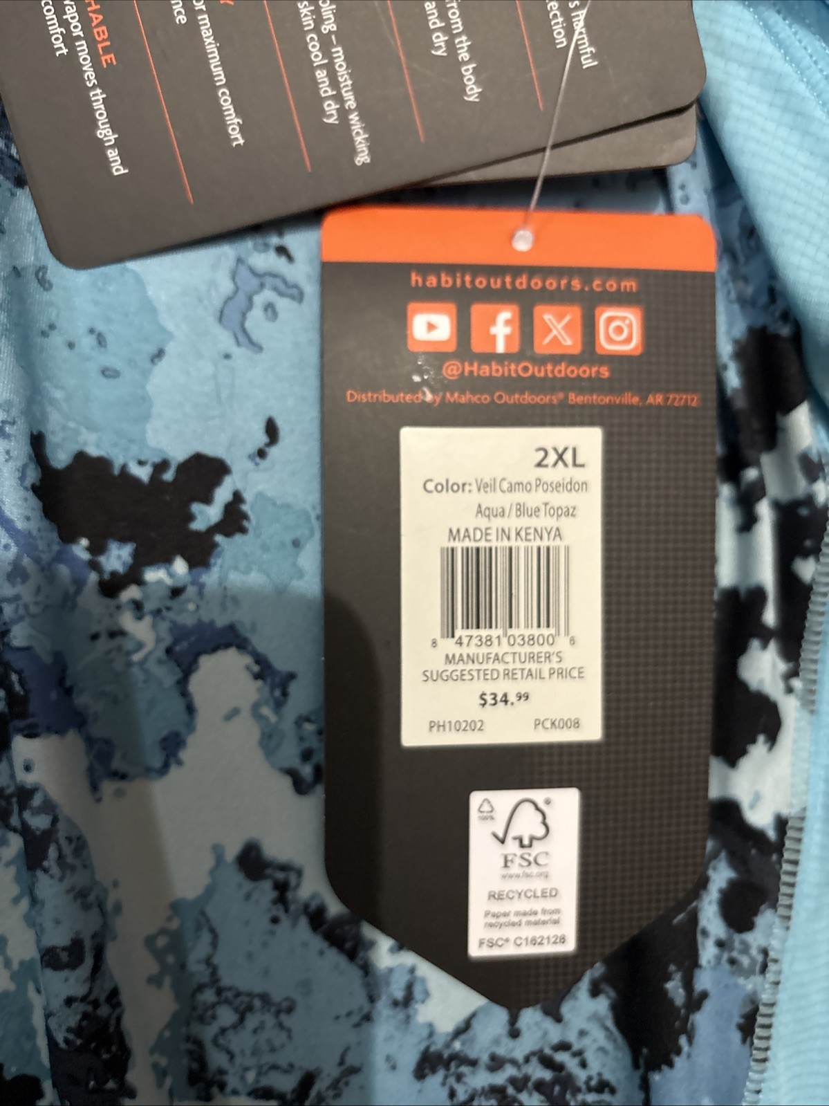 Habit Mens 2XL Summit View Hooded UPF 50+ Performance Layer Veil Camo Aqua Blue gallery
