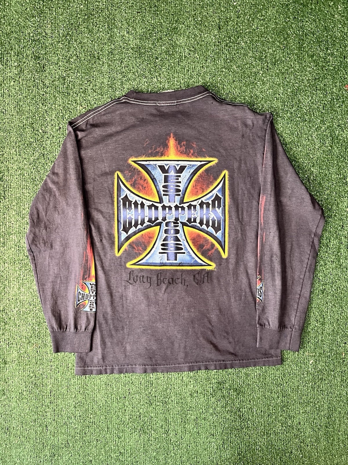 90s Jesse who west coast choppers flame sleeve size L tshirt with distressing gallery