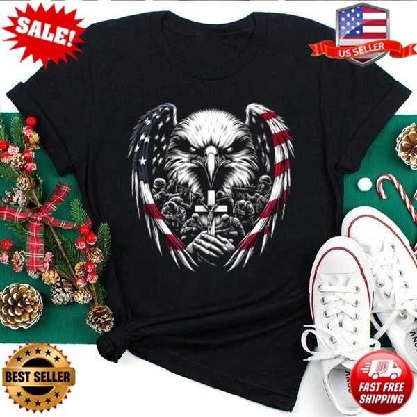 Patriot America Eagle Wings Soldiers 4th of July Praying Cross T-Shirt S-3XL gallery