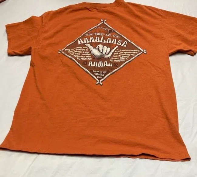 Hang Loose Hawaii T-Shirt Size Large Burnt Orange Shirt with Grapics gallery