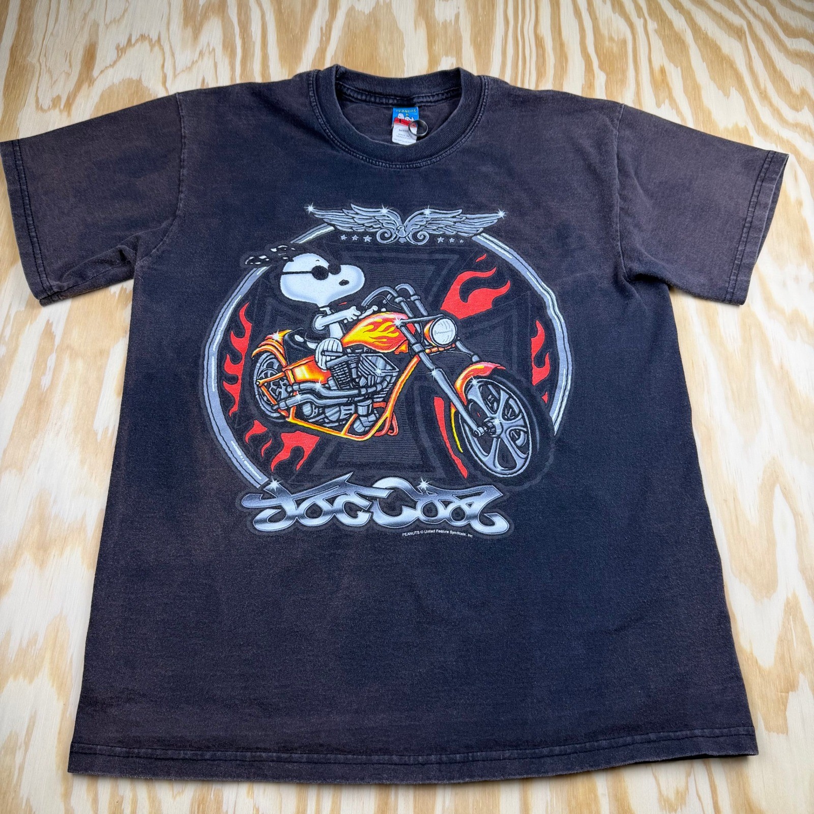 Vintage Peanuts Joe Cool Snoopy Biker Motorcycle Graphic T-Shirt Black Mens M gallery