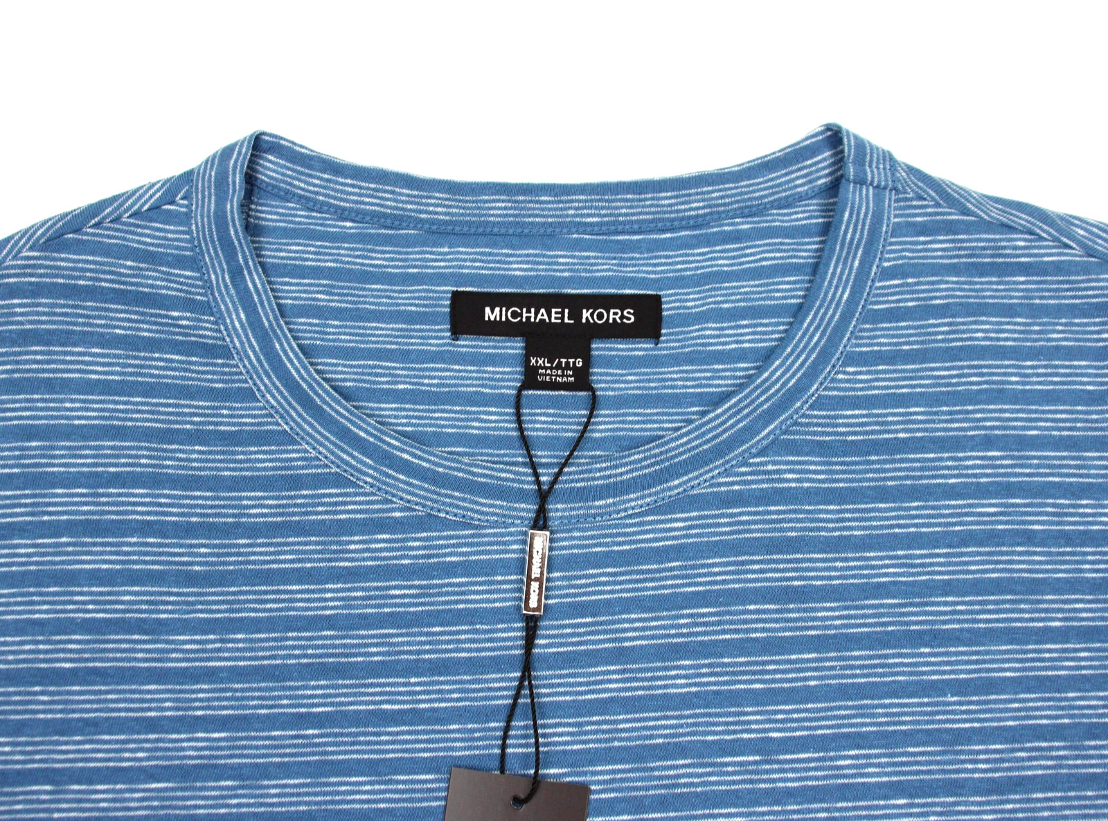 Michael Kors Shirt Mens 2XL Steel Blue Striped Linen Cotton Crew Neck Tee NWT gallery