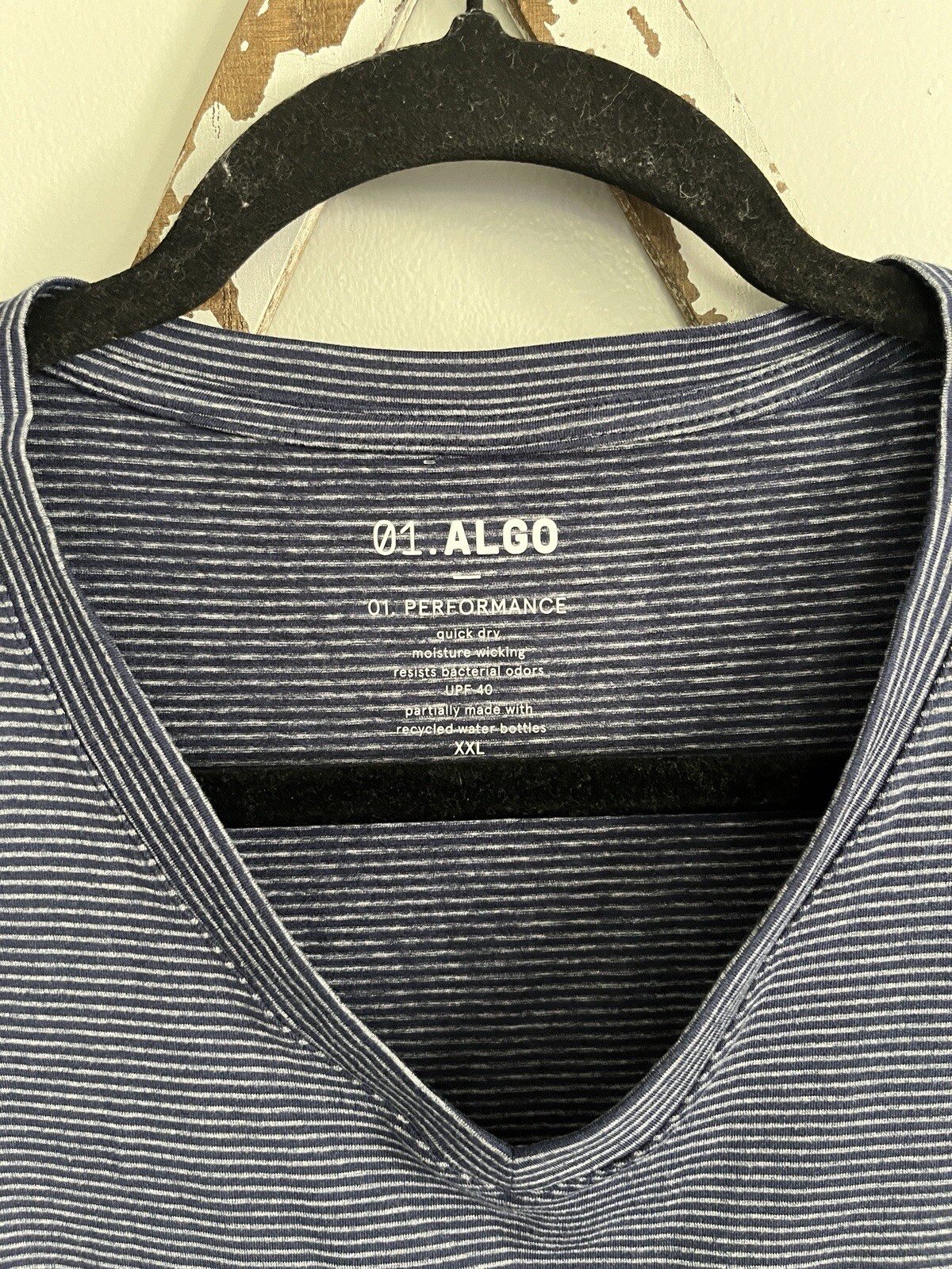 01.Algo Mens Quick Dry Performance V-Neck Blue Stripe T-Shirt SPF 40 Size XXL gallery